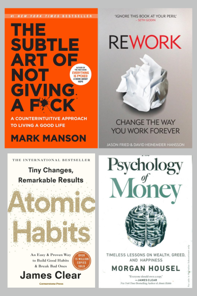 Combo set of 4 books:-Atomic Habits + Rework + The Psychology Of Money + The Subtle Art Of Not Giving (Paperback)