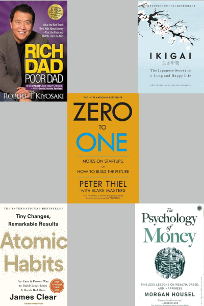 Ikigai+ Atomic Habit  +the psychology of money +rich dad poor dad +zero to one
