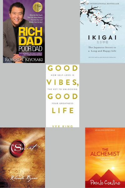 RICH DAD POOR DAD+GOOD VIBE GOOD LIFE+THE SECRET+THE ALCHEMIST+IKIGAI