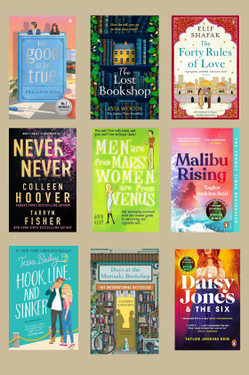 Malibu Rising + Men are from Mars, Women are from Venus + Circe + Days at the Morisaki Bookshop + The Forty Rules of Love+ Too Good To Be True+ Hook, Line, and Sinker+ The Lost Bookshop+ Daisy Jones and The Six