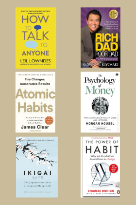 Ikigai +Atomic Habit +Rich Dad Poor Dad +the power of habit +psychology of money+How To Talk Any one 6 books best self help combo
